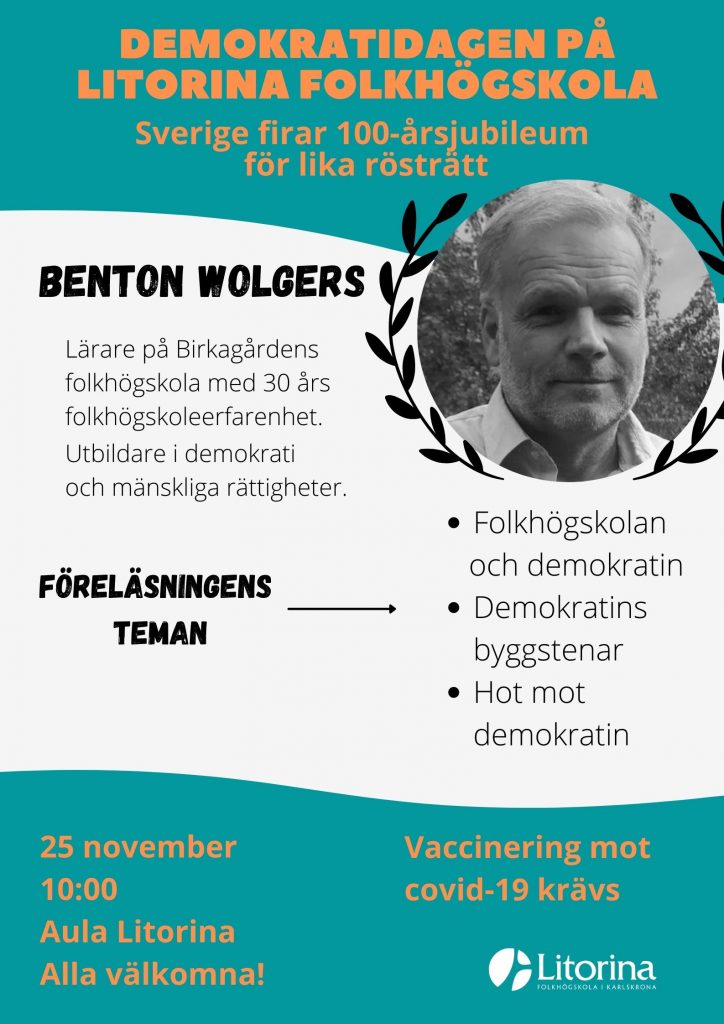 Sverige firar 100-årsjubileum av allmän och lika rösträtt. 
Den 25 november tar vi åter upp vår tradition med Demokratidagen, en temadag på temat demokrati.