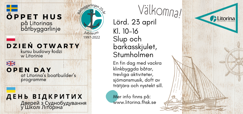 Lördagen den 23dje april firar vi Båtbyggarlinjen 25 år. Välkommen till Slup och barkasskjulet på Stumholmen.