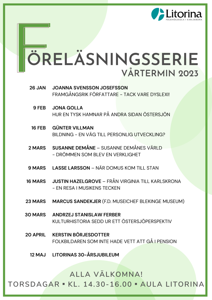 Föreläsnings- serien på torsdagseftermiddagarna är gratis och öppen för allmänheten.