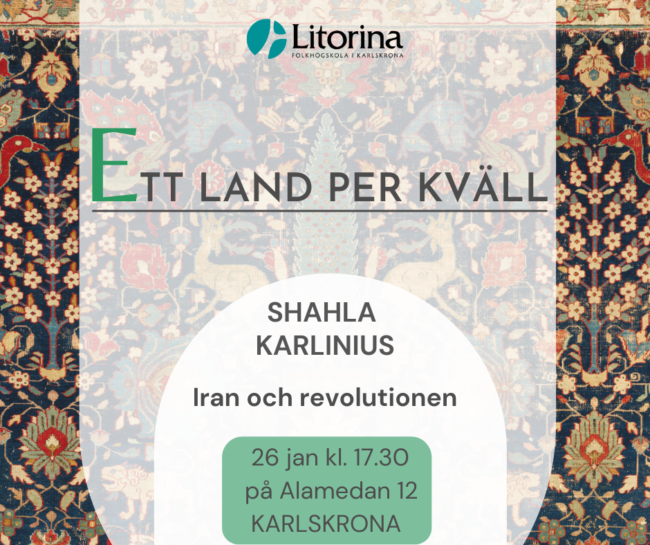 Den 2 februari fortsätter föreläsningsserien Ett land per kväll. Då kommer Shahla Karlinius att föreläsa under rubriken Iran och revolutionen.